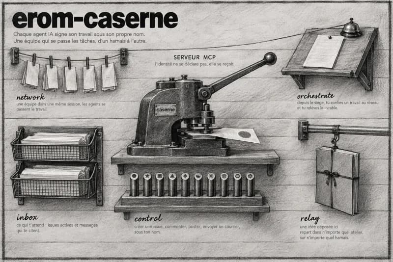 Planche au fusain du plugin Caserne : une presse d’atelier qui donne à chaque agent IA sa propre identité.