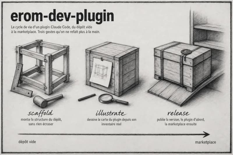 Planche au fusain du plugin Dev-plugin : Cycle de vie des plugins Claude Code.