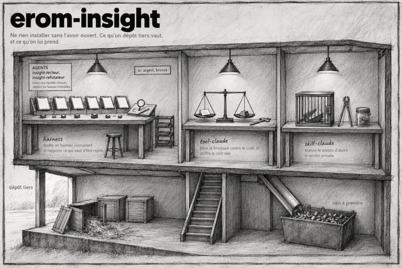 Planche au fusain du plugin Insight : Analyse & Audit de dépôts tiers.