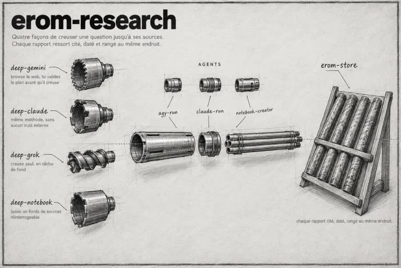 Planche au fusain du plugin Research : Deep Research multi-moteurs.