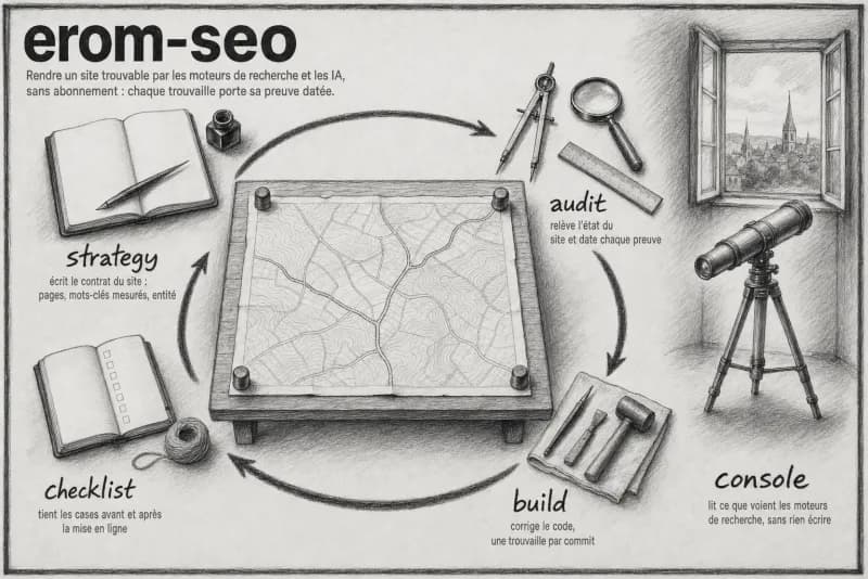 Planche au fusain du plugin SEO : Cycle SEO/GEO complet sans abonnement.