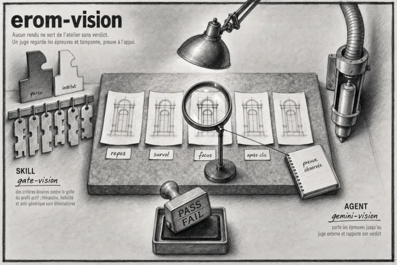 Planche au fusain du plugin Vision : Gate design & Juge vision UI.