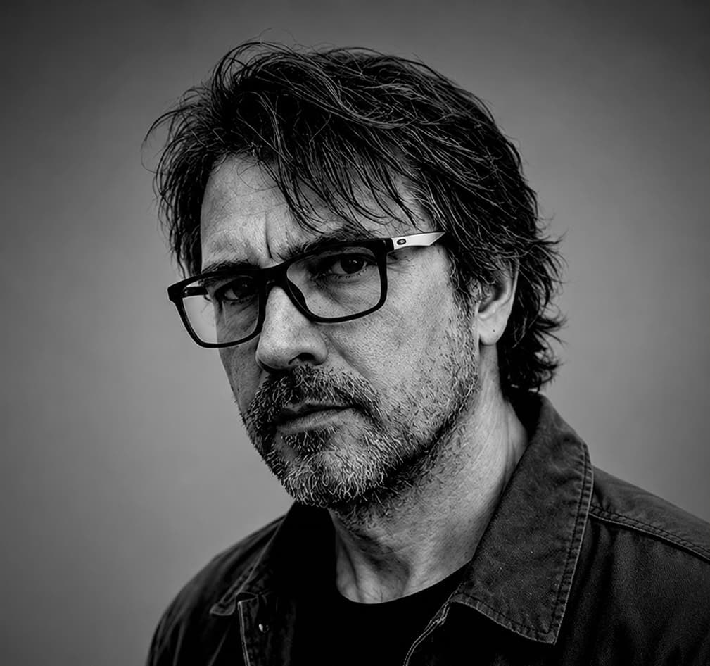 Portrait en noir et blanc de Romain Ecarnot